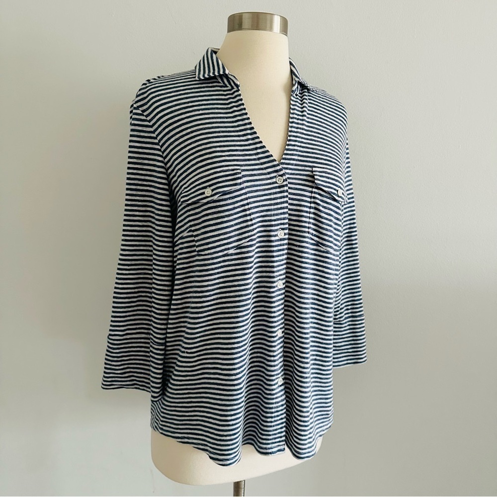 J. McLaughlin Linen Striped Long Sleeve Top M